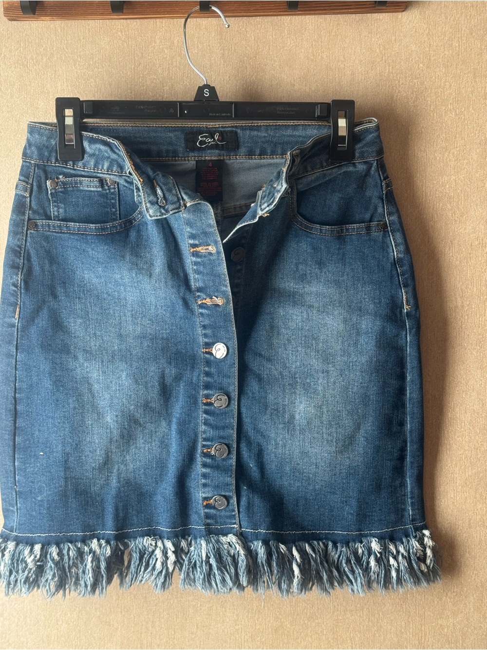 Earl Jeans Dark Blue Denim Button-Front Mini Skirt with Fringe Hem